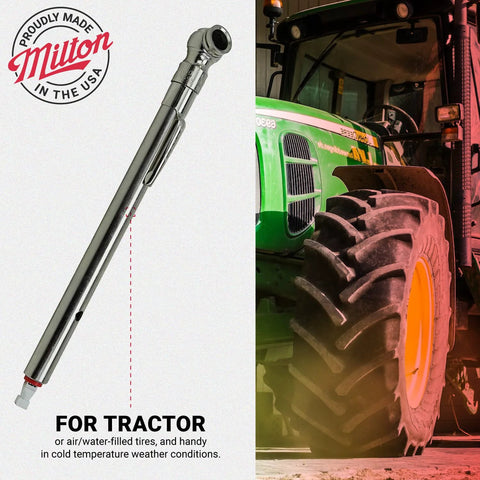 Milton S-928 tire pressure gauge with deflator; PSI and kPa readout, tractor shown on the right.