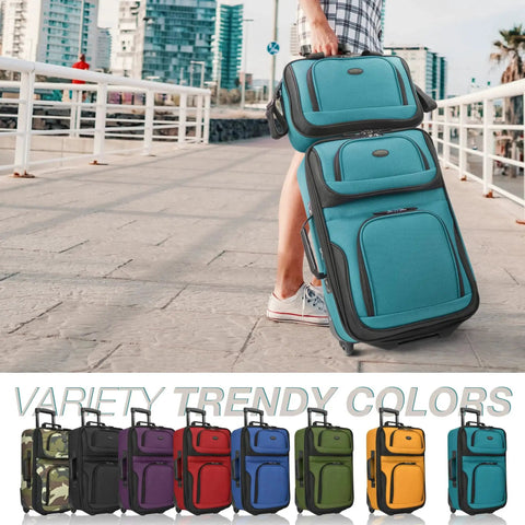 Teal Lightweight Softside Carry On Rolling Luggage With 2 Wheel System being pulled; various trendy color options displayed below.