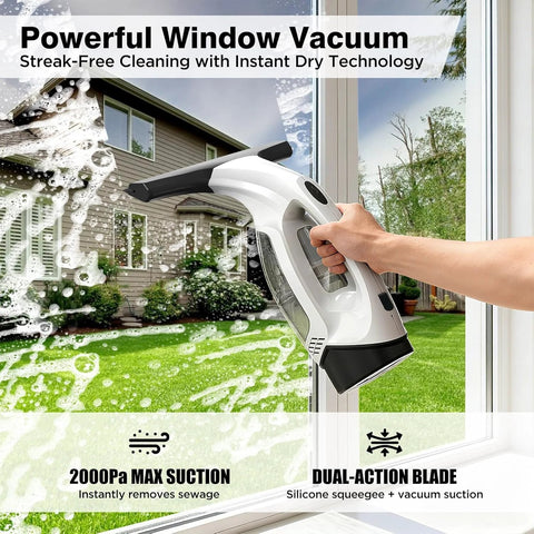 ZRHI cordless window vacuum squeegee, black; electric window cleaner with 2000Pa suction and 2200mAh battery