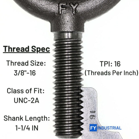 Close-up of thread specifications on 10 Pack Industrial Grade No-Shoulder Lifting Eye Bolts 3/8-16 By 1-1/4 Inch, Vertical Pull Only.