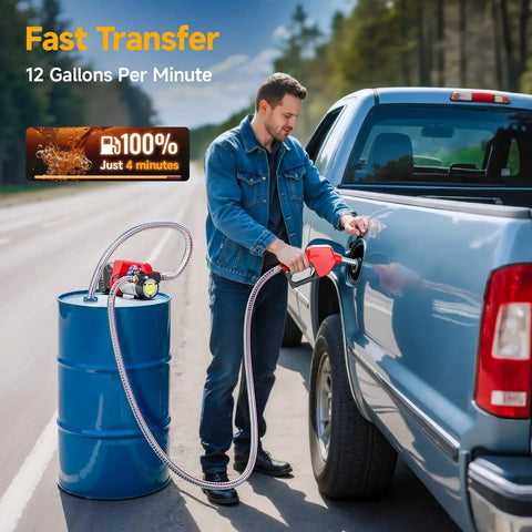 Man using Cordless Fuel Transfer Pump Kit With 12 GPM Electric Flow 21V 4.0Ah Battery And Charger Portable Easy Peasy Diesel Kerosene Transfer Pump With Auto Off Nozzle And Dual 6.6Ft Hoses For Tractors And Farm Equipment to refuel truck from blue barrel