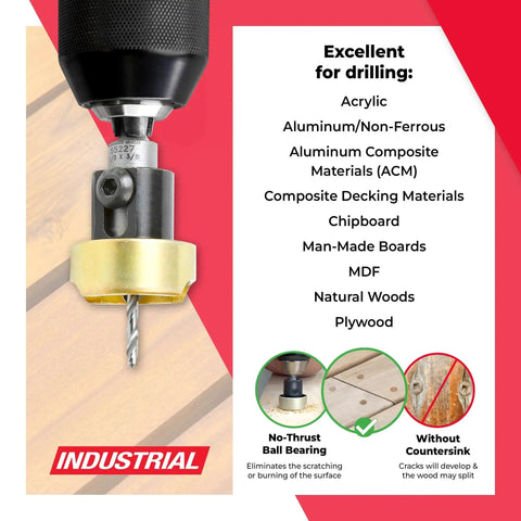 Amana Tool 55227 Carbide Tipped 82 Degree Countersink Set with no thrust ball bearing, drill bit and materials for drilling shown
