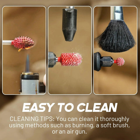Cleaning methods for Hardcore Tungsten Carbide Rotary Burr Kit For Wood Carving, using a burner, brush, and air gun.