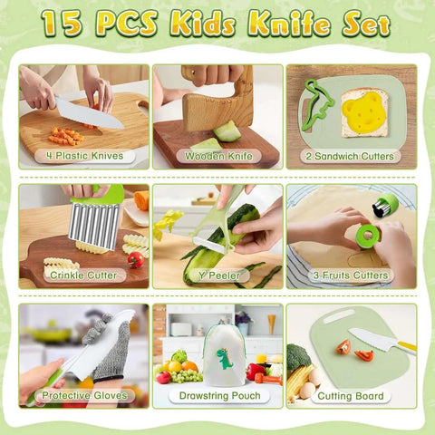 Real Cooking Kids Knife Set With 15 Piece Montessori Kitchen Tools For Safe Learning, Includes Plastic Toddler Knives, Wooden Knife, Crinkle Cutter, Cutting Board, Peeler, Dinosaur And Bear Sandwich Cutters, Fruit Cutters, Gloves, And Drawstring Pouch. Displayed are tools and accessories for children’s cooking safety and learning.