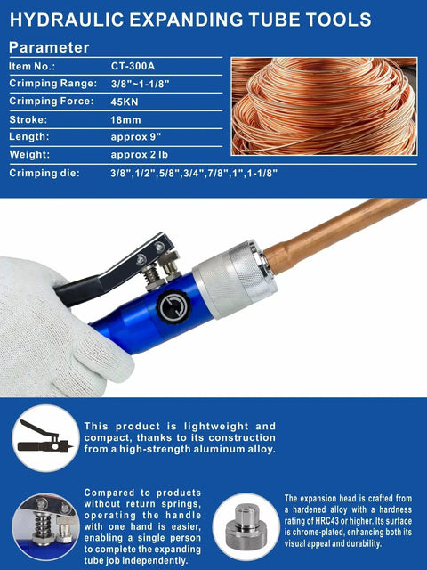 Hydraulic Tube Expander Kit For Copper Pipes 3/8 To 1-1/8 Inches With 7 Expander Heads Built In Tube Cutter And Deburring Tool
