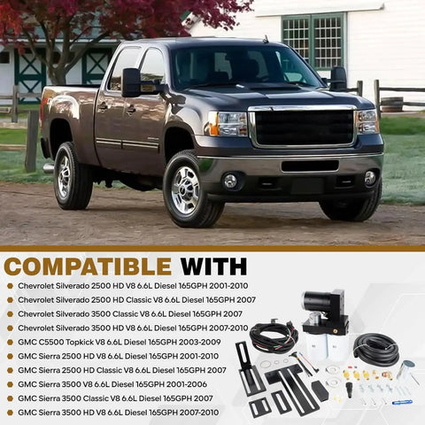 Chevy Silverado with Diesel Fuel Lift Pump System 165 GPH Heavy Duty For Chevy Silverado And GMC Sierra 6.6L Duramax V8 Engines 2001 To 2010 Replacement Upgrade For TC10150G TC10165G FASTC10150G TSC10165G