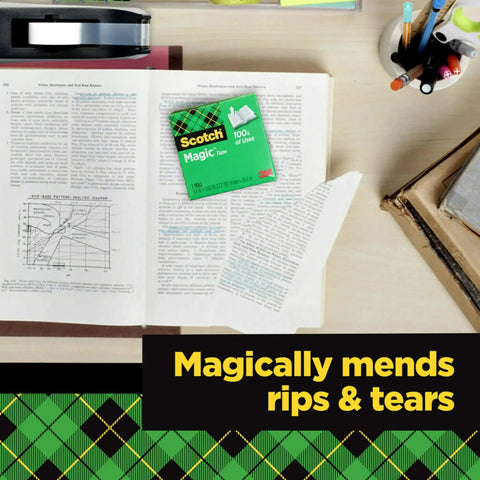 Open book on desk with Invisible Magic Tape 4-Pack Refill Rolls 0.75 in x 1000 in, Matte Finish, showing repaired pages.