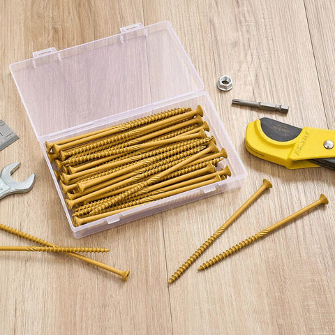 50 Pc Deck Screws Set, 5 Inch #10 Self Drilling Wood Screws With Rust Resistant Coating in plastic box on wooden surface.