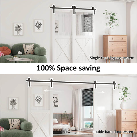 Heavy Duty Sliding Barn Door Hardware Kit Single Track Bypass System For Double Doors Black Powder Coat Six Point Six Foot Long Supports Up To 265 Lbs Fits Door Width Up To Forty Inches And Door Thickness 1 3 8 To 1 3 4 Inches Bypass Wheel Included installed in living room