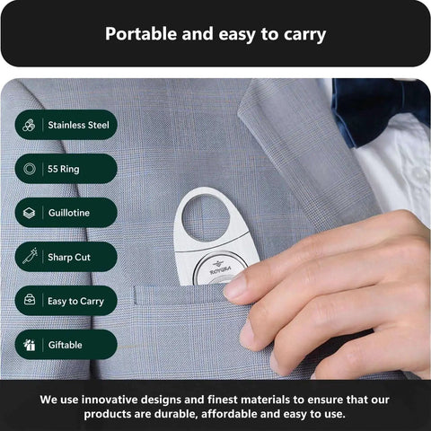 Person placing roygra Cigar Cutter Set (2 Pack), Guillotine Double Blade, Stainless Steel Smoking Accessories Tool in pocket