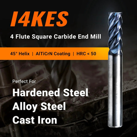 1/4 Inch Carbide Square End Mill, 4 Flute CNC Router Bit With AlTiN Coating For Steel And Alloys, Copper And Cast Iron, HRC 50