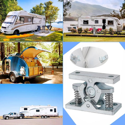 Collage showing RVs with 2 Pcs RV Door Catch And Trailer Door Latch Spring Loaded Easy Lock Stop Double Roller Zinc Alloy Durable Door Hardware.