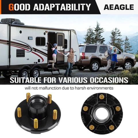 Trailer Hub Idler Kit With 2 Sets Of 5 On 4.5 Inch Bolt Circle For 3500 Lb Axles 1-1/16 To 1-3/8 Inch Tapered Spindle Includes Inner And Outer Cone Bearings Grease Seals Compatible With L68149 And L44649 AEagle shown in use with a trailer.