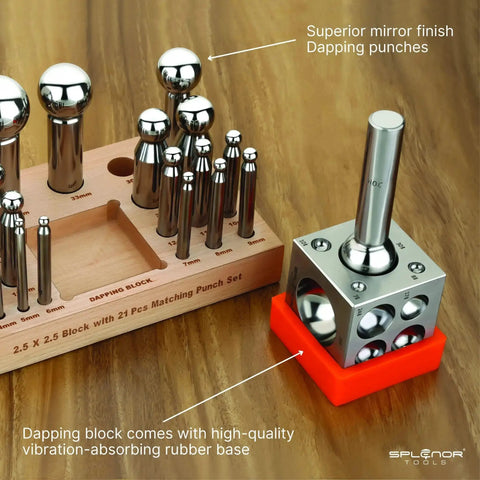 Steel Dapping Block And Punch Set For Jewelry Making And Metal Forming Doming Tools with rubber base and 21 punches on display