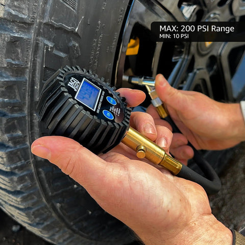 ElitePro digital tire pressure gauge with ribbed black housing, blue LCD display, brass nozzle, 200 PSI max.