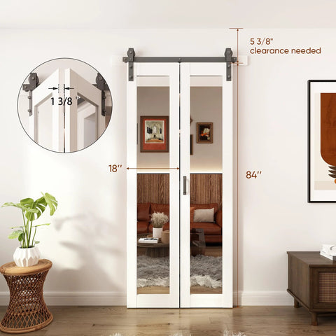 Bi Fold Barn Door With Mirror Panels And Track Kit For Closet 36 By 84 Inches Shatterproof MDF Mirror Doors With Explosion Proof Backing Includes Carbon Steel Hardware And Handles Easy Sliding Barn Door System installed in room