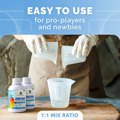 Person mixing Crystal Clear Epoxy Resin Kit With Pumps For Food Safe Coasters And Jewelry, with bottles and mixing cup visible