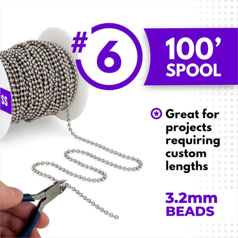 Close-up of WAXAW Stainless Steel Number Six Beaded Ball Chain 100 Foot Spool with pliers, USA Made Bundle for craft projects.