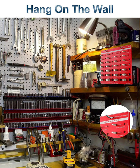 Nut And Bolt Thread Checker And Identifier Board With 14 Standard And 14 Metric Gauges For Quick Size And Thread ID, Bench Or Wall Mount, Easy Nut And Screw Reference Tool mounted on a pegboard with tools.