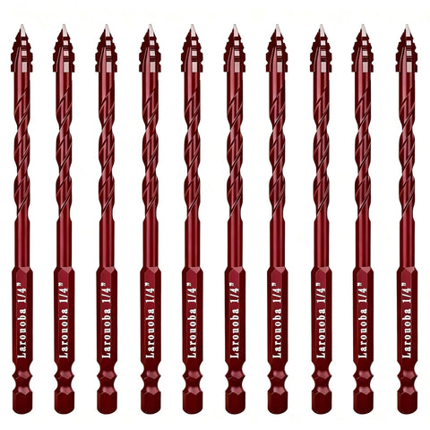 10 Piece Red One Quarter Inch Serrated Eccentric Masonry Drill Bit Set Pro Grade For Concrete Tile Brick Glass Plastic Marble And Wood Includes 6mm Bits And Precision Crisscross Serrated Tip For Skid Free Drilling