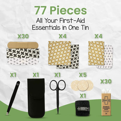 Eco First Aid Kit With Hypoallergenic Bamboo Bandages For Sensitive Skin, Assorted Large And Small Sizes, Latex Free, Reusable Tin, 77 Count, Everyday Carry Medical Essentials shown with contents including bamboo bandages, tweezers, and scissors.