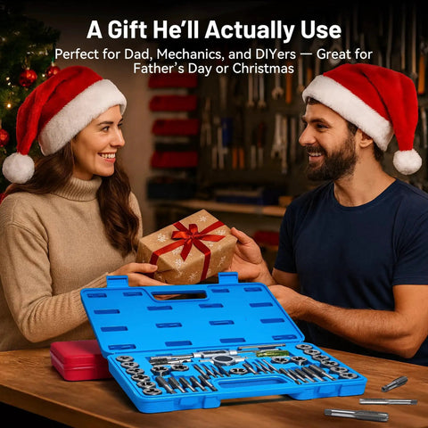 Couple in Santa hats with 80 Piece Tap And Die Set With Metric And Standard Threading For Cutting And Repairing Internal And External Threads NC NF NPT Compatible Pro Grade Workshop Essential For Pros And Diyers Built For Precision And Durability.