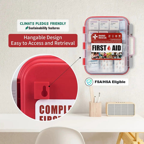 All Purpose First Aid Kit With 371 Pieces For Home Office School And Workplace Emergency Medical Supplies By Rhino Rescue mounted on wall