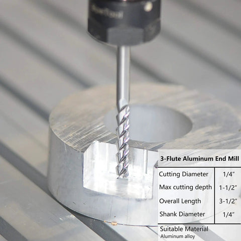 Aluminum CNC End Mill Quarter Inch Shank Three Flute Upcut Router Bit Long Three And A Half Inch Overall Length One And A Half Cutting Length One Quarter Inch Cutting Diameter Carbide End Mill For Non Ferrous Metals And Aluminum shown drilling aluminum.