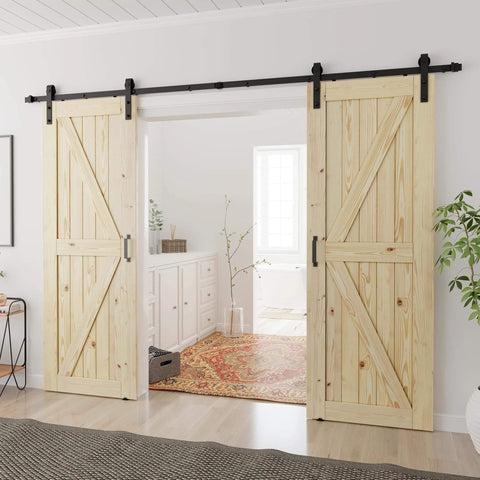 Double Sliding Barn Door 30x80 With 10 Ft Hardware Kit Included Unfinished Solid Spruce Wood Easy Assembly for DIY Home