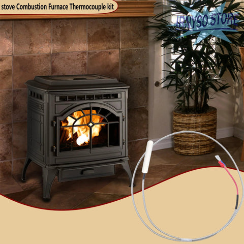Replacement stove thermocouple kit, 35-inch braided cable for Quadra-Fire pellet stoves, front view of a lit stove.