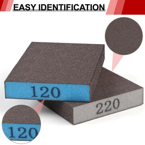 Close-up view of 120 and 220 grit sanding blocks from 8 Pack Washable Sanding Blocks With Assorted Grit 60 80 120 220 For Drywall.