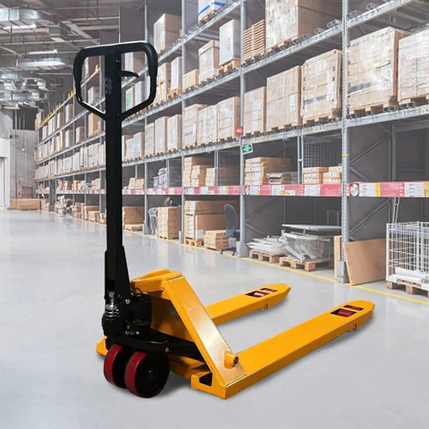 Beefy Heavy Duty Manual Pallet Jack With 7700 Lb Capacity And 48 Inch Long By 27 Inch Wide Forks Ergonomic Handle in warehouse