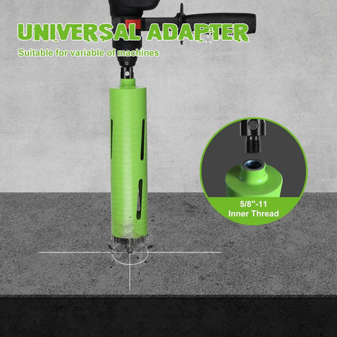 Two And A Half Inch Dry Core Drill Bit With Pilot Bit And Dual Adapters For SDS Plus And Hex Five Eighth Eleven Threaded Diamond Core Bit For Concrete Brick And Masonry Ten Inch Drilling Depth By Betteri, installed on concrete surface, focus on threading detail.