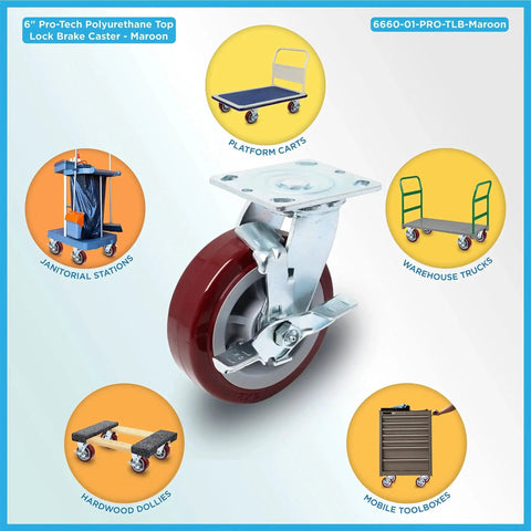 Heavy Duty Industrial Casters 6 Inch By 2 Inch With Top Plate 4 By 4.5 Maroon Two Rigid And Two Swivel Casters With Top Lock Brakes Non Marking Pro Tech Polyurethane Wheels Load Capacity 3600 Lbs Per Set Of Four in center surrounded by usage examples.
