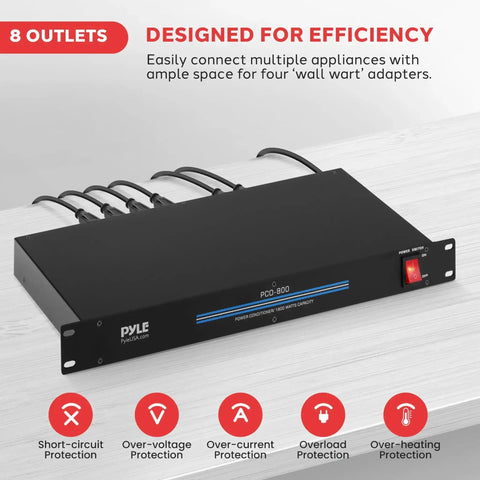 Rack Mount Power Conditioner With 1800W Capacity, 8 Outlets, 19 Inch Enclosure on table, showcasing front panel and cables