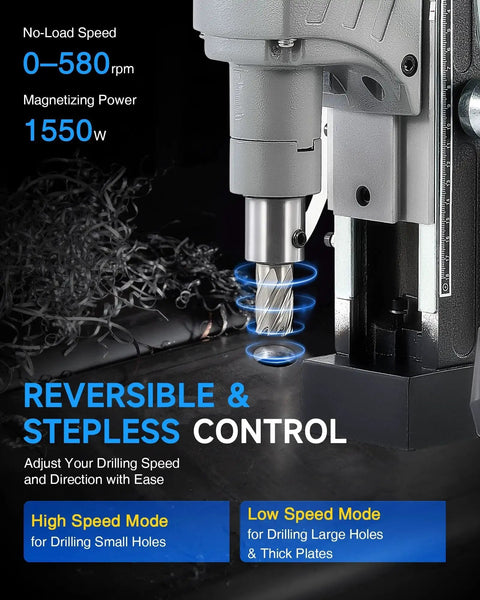 Close-up of Beast 1550W Magnetic Drill Press With 2 Inch Boring Capacity showing reversible and stepless control.