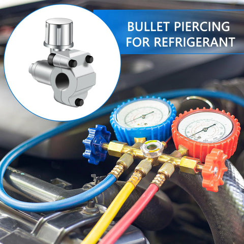 Swakuta 10-pack bullet piercing valve kit; BPV-31 compatible, adjustable valve with 1/4, 5/16, 3/8 in fittings, shown with gauge manifold