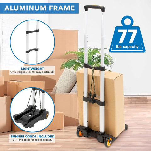 Foldable Luggage Cart With Wheels Lightweight Steel Frame Carries Up To 77 Pounds in front of stacked boxes