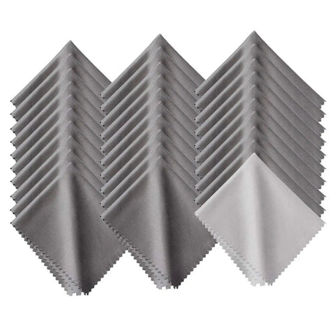 30 Pack Microfiber Cleaning Cloths For Glasses Lenses And Screens 6x7in, stack of grey and one white cloth for delicate surfaces