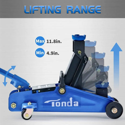 Side view of 2 Ton Hydraulic Floor Jack For Cars, Portable Car Lift With 4.9 To 11.8 Inch Lift Range, 3,800 Lb Capacity, Durable Blue Finish.