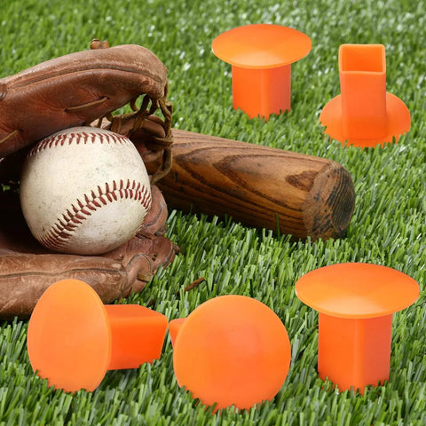 8 Pack Rubber Baseball Base Plugs For Field Ground Receptacles Orange Durable Anchors with baseball glove and bat on grass