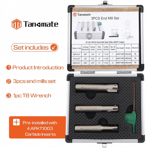 Indexable Carbide End Mill Set With 90 Degree Square Shoulder And 1/2 Inch Shank For Pros Includes 3/8 X 1/2, 1/2 X 1/2, 5/8 X 1/2 Cutting Dia, 3 Inch Length, Nickel Plated Tool Holders With PVD Coated Inserts Preinstalled APKT1003 Aluminum Storage Case displayed open with contents visible