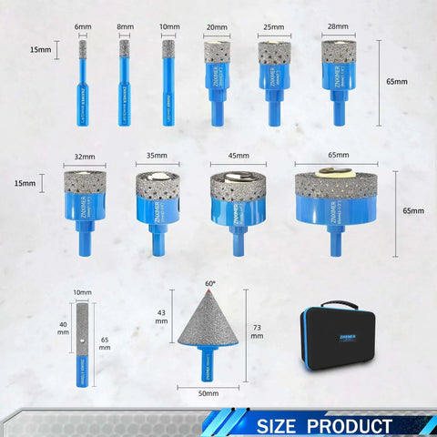 Diamond Tile Hole Saw Kit For Porcelain And Ceramic Tiles 12pc Diamond Core Drill Bit Set with case