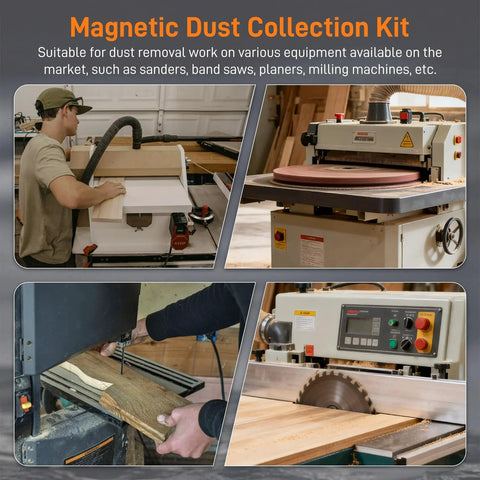 Magnetic Dust Collection Fittings One To Multi System For 4 Inch And Two Point Five Inch Woodworking Vacuums, installed on woodworking machines