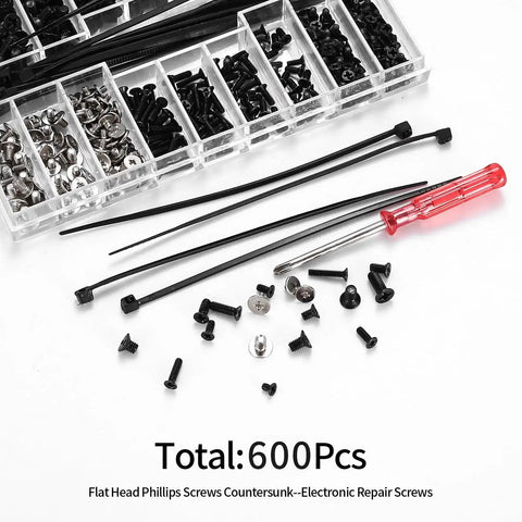 600 Pcs Tiny Screw Assortment Kit For Glasses Electronics Watches And Laptops with screws, screwdriver, and storage box