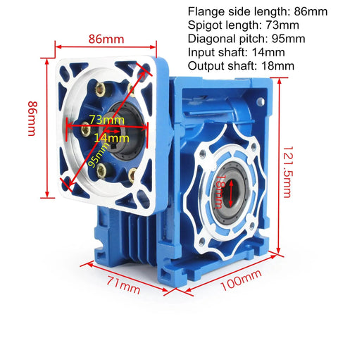 NMRV040 Worm Gearbox Speed Reducer 20 To 1 Ratio RV40 for Nema 34 Motors, aluminum housing with visible dimensions and shaft details