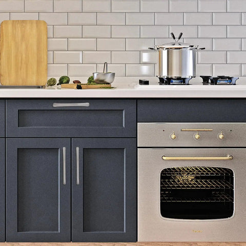 Modern kitchen with 10 Pack 5 Inch Brushed Satin Nickel Cabinet Handles and Drawer Pulls Zinc Alloy installed on blue cabinets
