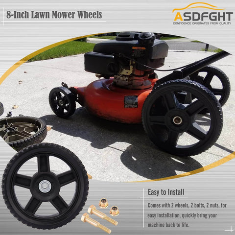 2 Pack 8 Inch Lawn Mower Wheels With Inner And Outer Bearings fits most standard push mowers. Includes bolts and nuts.