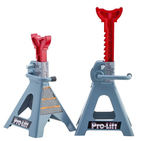 T6903D 3 Ton Double Pin Jack Stands With Dual Locking Pins, side view, stamped steel base, red ratchet arm
