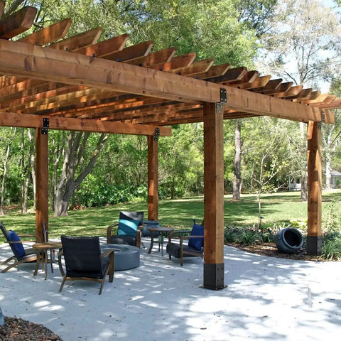 Pergola supported by Two Pack 4x4 Post Base Anchors Solid Steel With Black Powder Coat Heavy Duty Deck Post Brackets For Pergolas Fences Gazebos Mailboxes And Decks Inner Size 3.6x3.6 Inches 13 Gauge Thick Rust Resistant